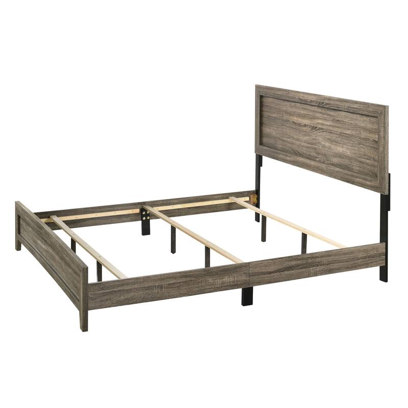 King Size Wood Panel Bed with Contemporary Fabric Headboard