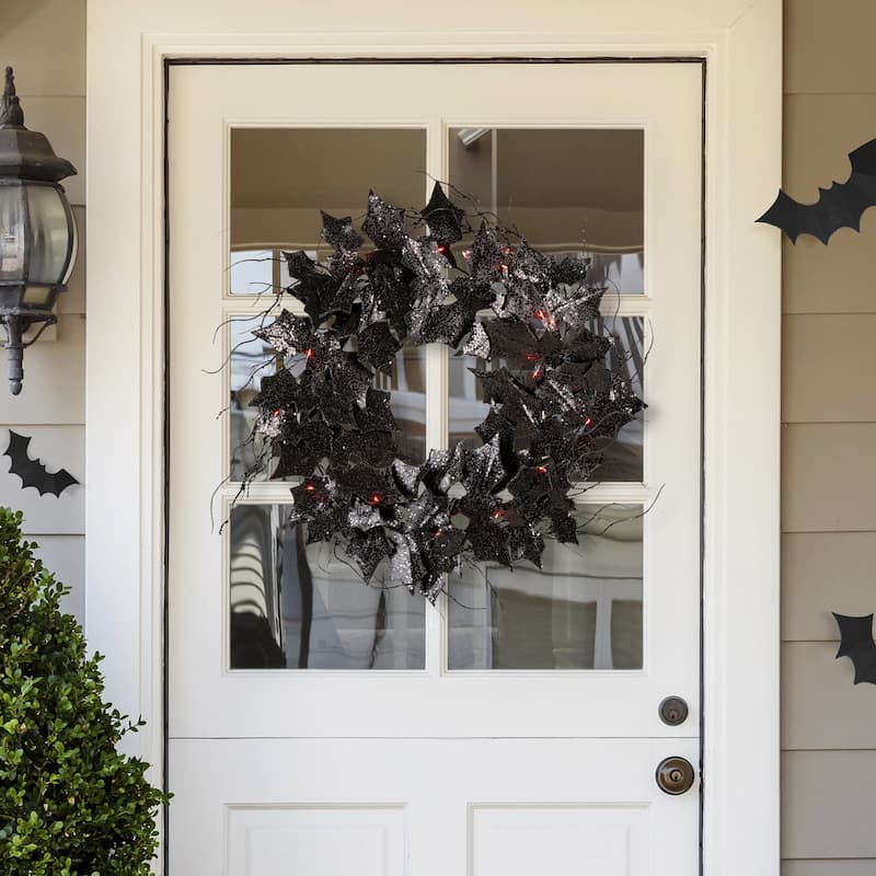 Glitzhome LED Lighted Halloween Bat Garland Wreath Wall Hanging Decor
