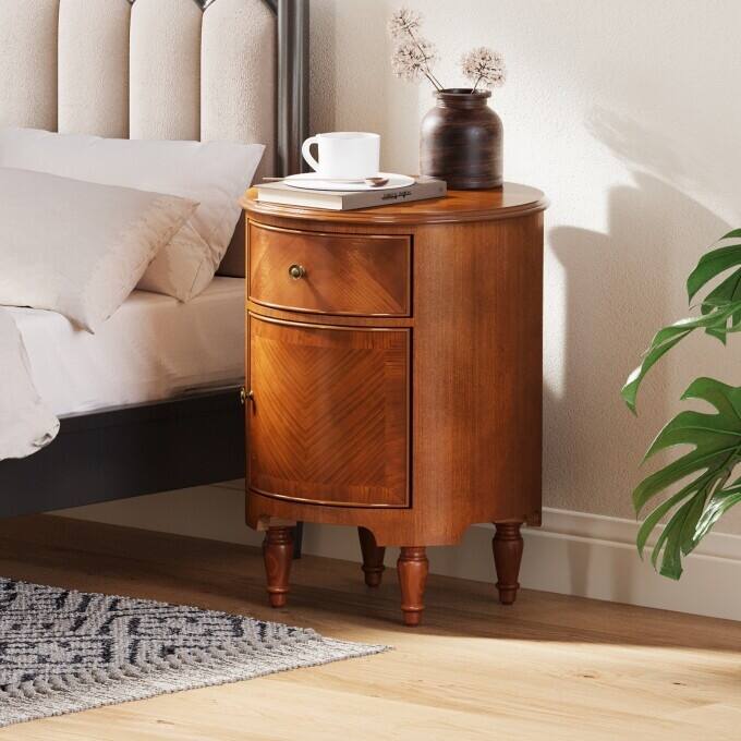 Assembled Solid Wood Nightstand, Round Beside Table with Drawer