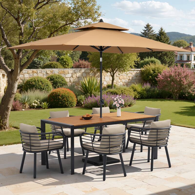 9/11-Piece Outdoor Dining Set w/10 ft Umbrella and Base Aluminum Dining Table and Chairs with Sunbrella Cushions