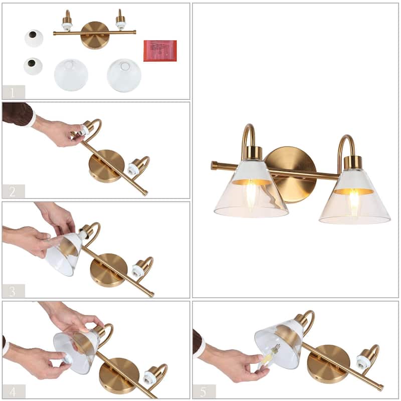 Seticy Mid-century Modern Gold 2-Light Linear Glass White Bathroom Vanity Lights Dimmable - L 13.5"* W 7"* H 7"