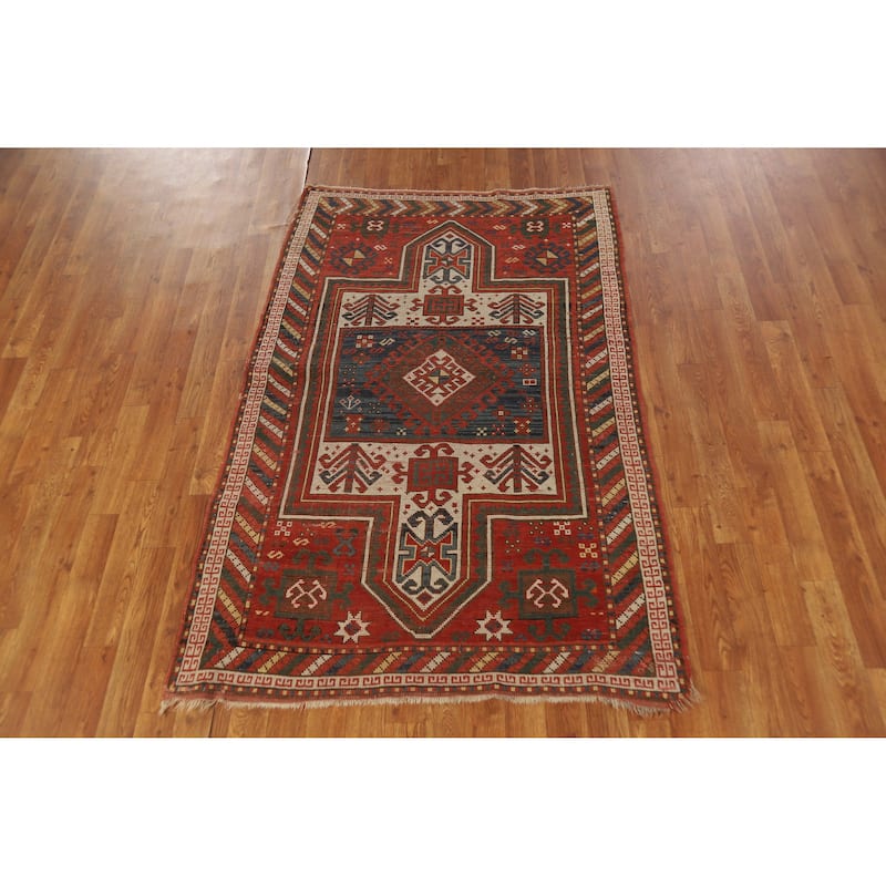 Hand Knotted Oriental 100% Wool Carpet Traditional Tribal Red Caucasian Area Rug - 5' 7'' X 3' 7''