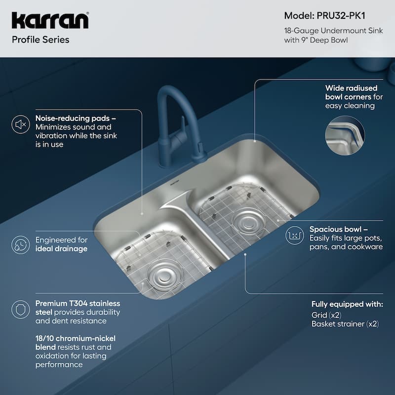 Karran Profile 32” Undermount 18 Gauge Low Divider Double Bowl Stainless Steel Kitchen Sink with Accessories