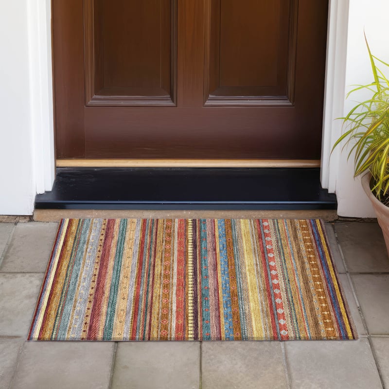 Machine Washable Indoor/Outdoor Boho Stripes Chantille Rug - Paprika - 1'8" x 2'6"