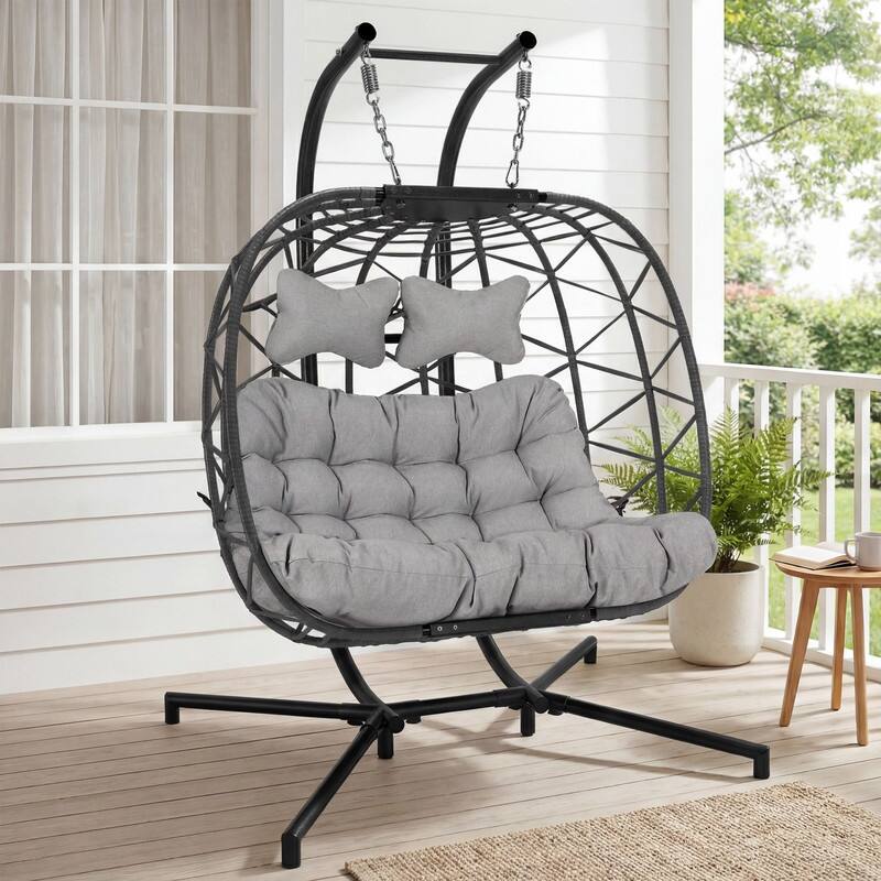 Oversized Outdoor Double Hanging Egg Chair with Cushions, 700 lbs Capacity Swing Chair for Indoor or Patio - Light Grey/Grey