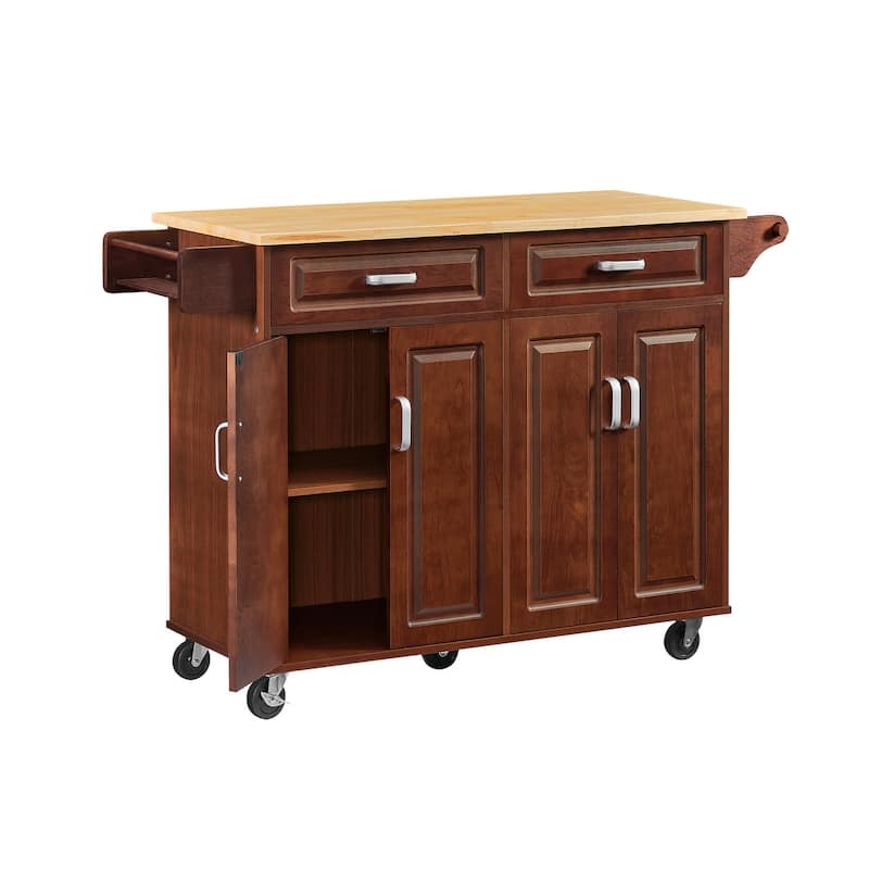 Brown Wood Kitchen Cart With Multiple Drawers and Shelves