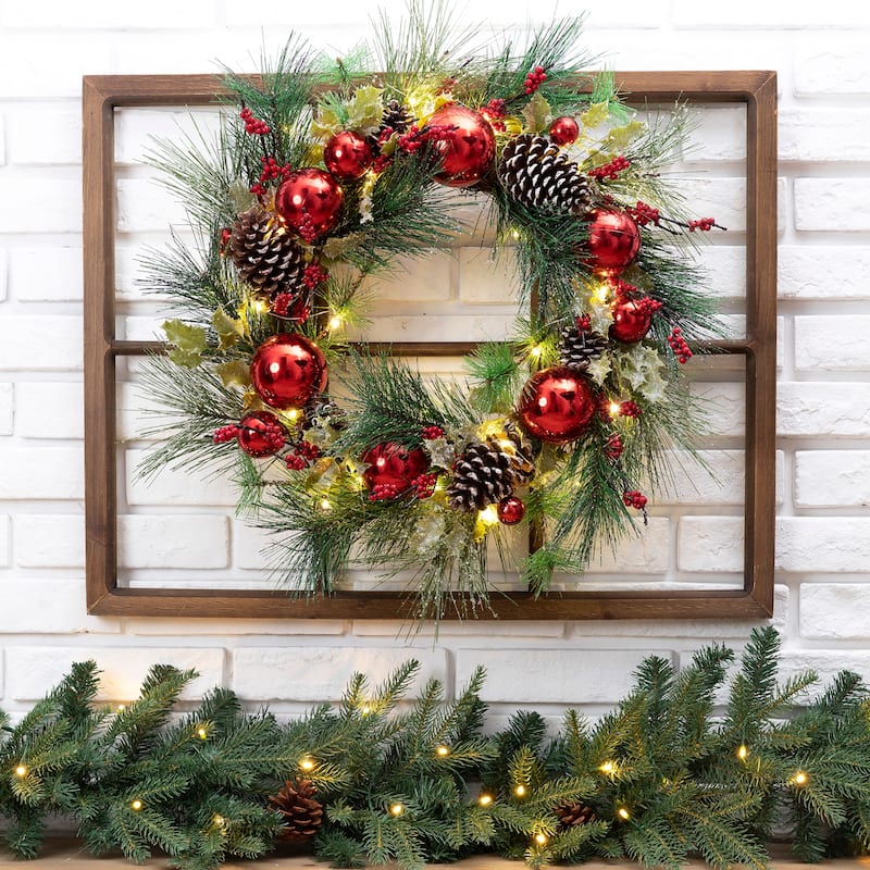 24"D Pre-Lit Ball Berry Holly Pinecone & Ornament Wreath with Brown Window Frame Set