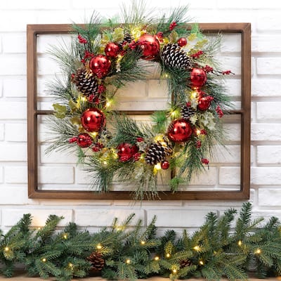 24"D Pre-Lit Ball Berry Holly Pinecone & Ornament Wreath with Brown Window Frame Set