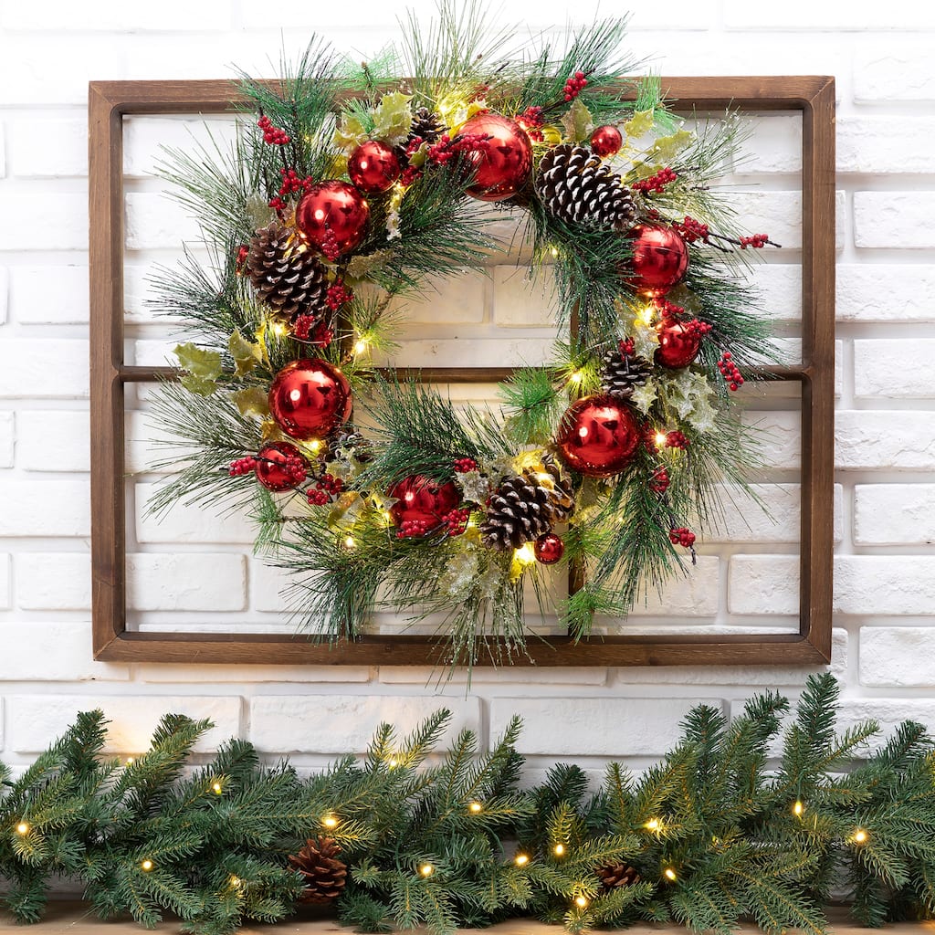24"D Pre-Lit Ball Berry Holly Pinecone & Ornament Wreath with Brown Window Frame Set