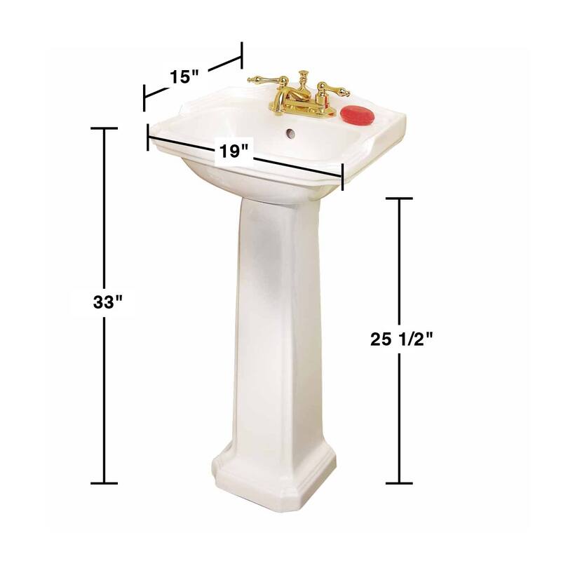 19" W Small White Porcelain Pedestal Bathroom Sink, Pedestal Leg, 4" Faucet, Drain and Overflow