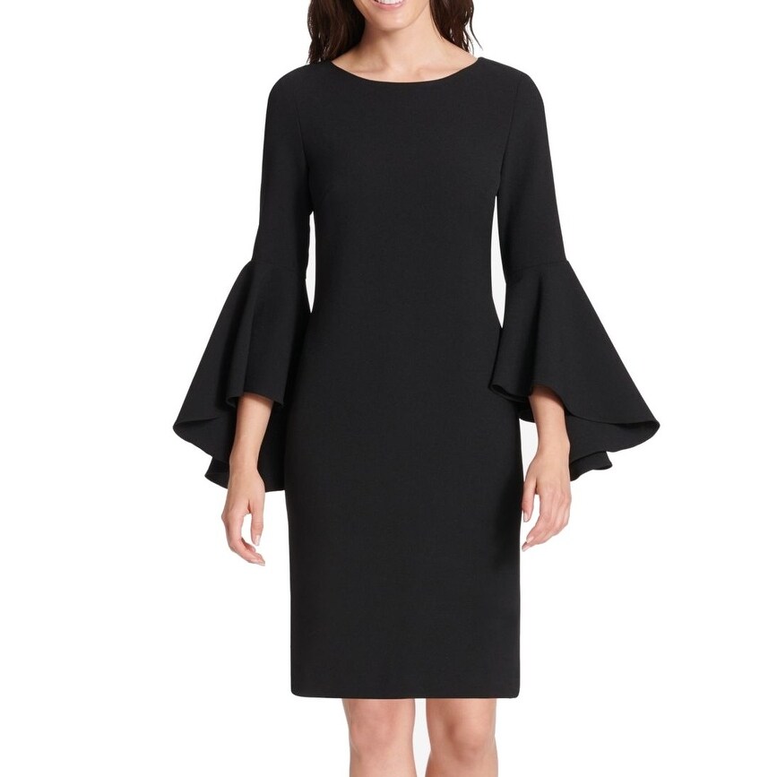 black sheath dress with bell sleeves