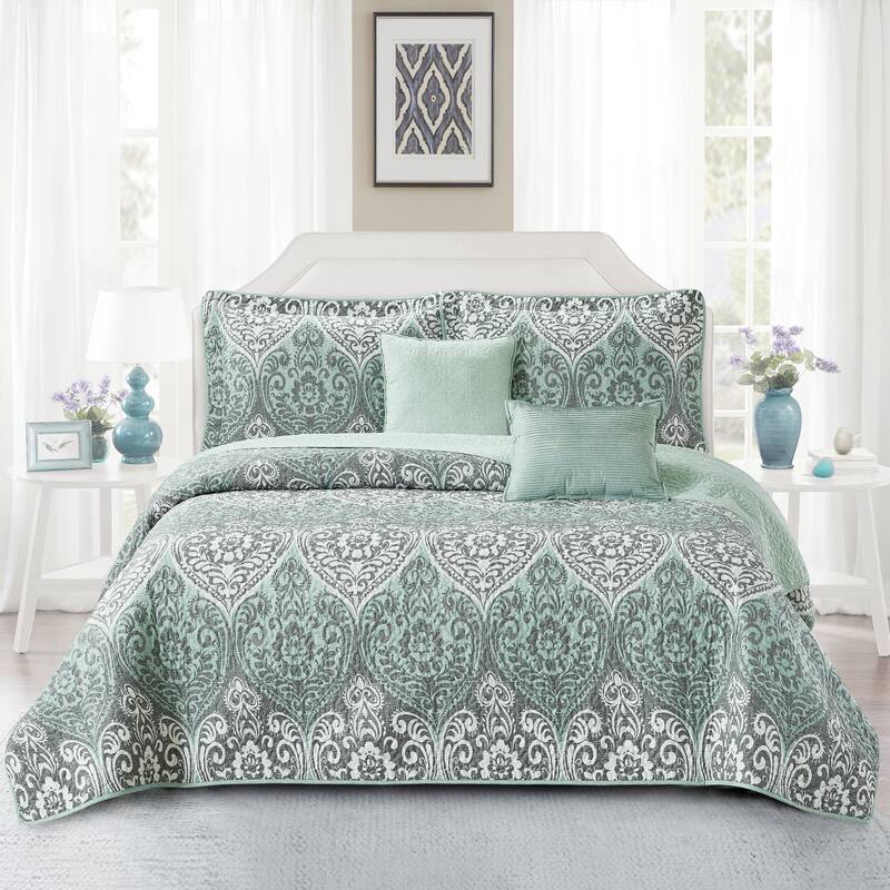 Home Soft Things 5 Piece Kingston Damask Printed Microfiber Quilts