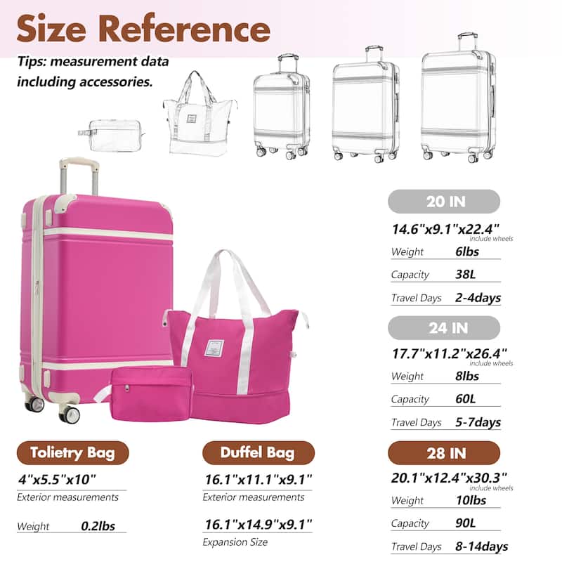 3-Piece, 28-Inch Vintage Hard-Shell Luggage Lightweight Luggage with Swivel Wheels and TSA Lock, for Boarding Travel, Pink