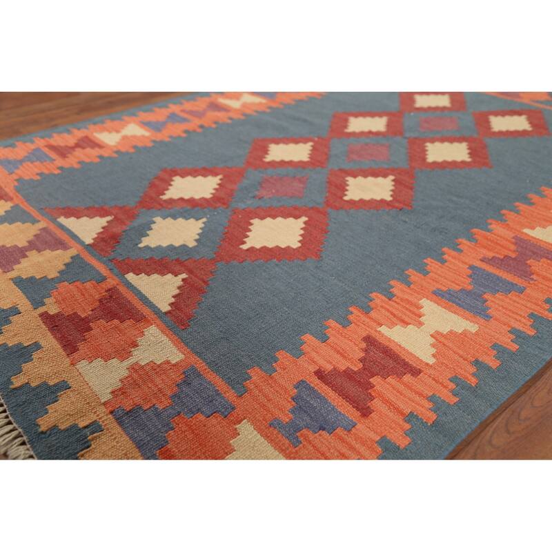 Geometric Blue Flat Weave Kilim Persian Rug Hand-Knotted Wool Carpet - 4'2"x 5'8"