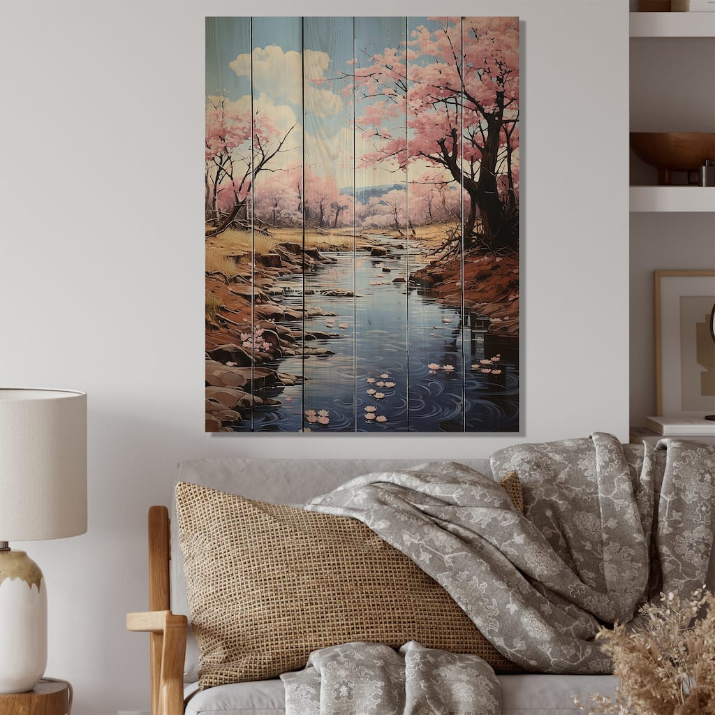Designart "Japon Art Sakura Dream Pink And Blue IV" Japanese Print on Natural Pine Wood