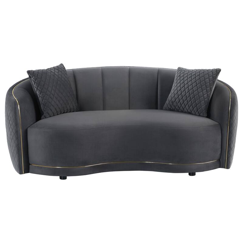 Buo Curved Loveseat, 73 Inch Dark Gray Polyester, Gold Trim, 2 Pillows