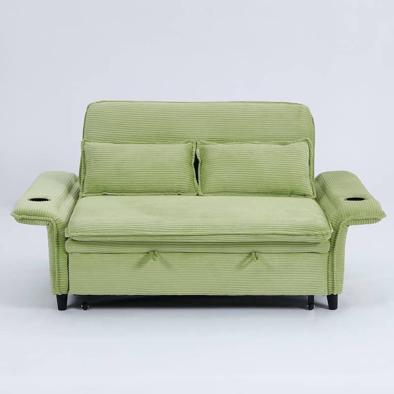 65.74-inch Green Corduroy Multi-functional Sofa Bed with Adjustable Armrests and Backrests