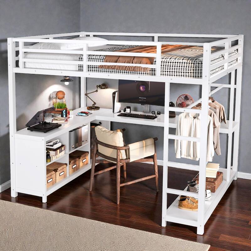 Metal Loft Bed with Wardrobe and L-Shaped Desk, Storage Cubes and Shelves, Space Saving Loft Bed for Teens
