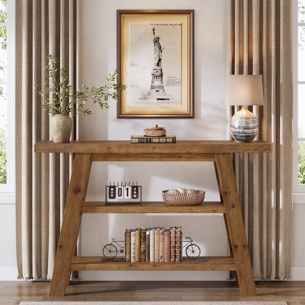 Solid Wood Console Table with 3-Tier Storage Shelves