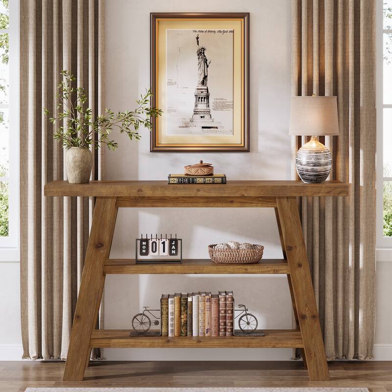 Solid Wood Console Table with 3-Tier Storage Shelves - Brown