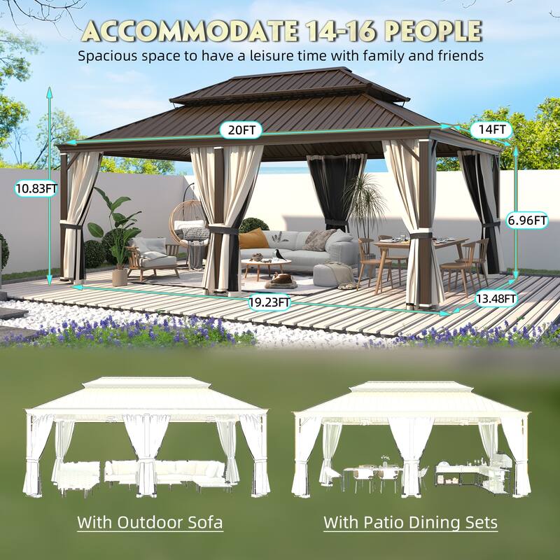 EROMMY Hardtop Gazebo W/Steel Double Roof, Anti-Rust Coating Aluminum Frame Permanent, Hard Top Gazebo for Garden Lawn Parties