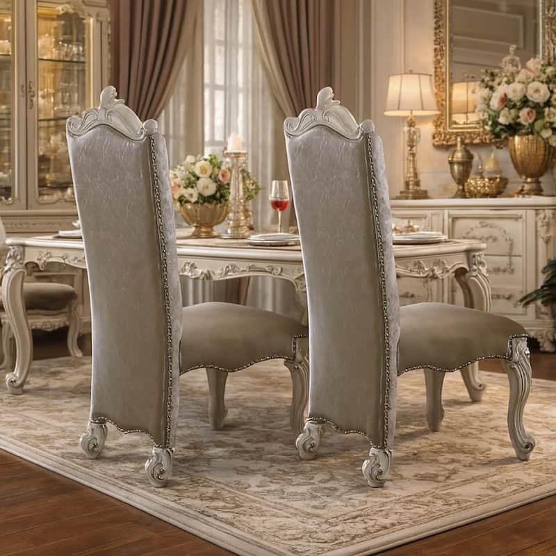 Faux Leather Upholstered Wooden Side Chair with Scrolled Carvings, White, Set of 2