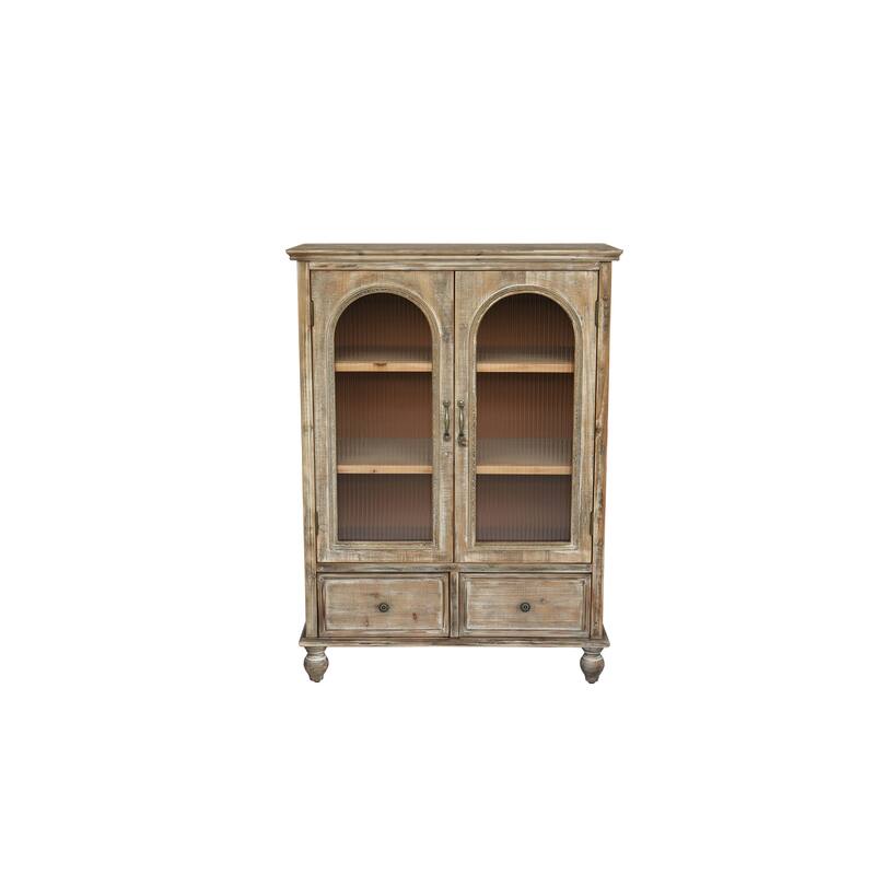 Farmhouse Storage Cabinet,Wood Kitchen Pantry Cabinet with 2 Glass Doors & 2 Drawers,Freestanding Buffet Cupboard with Shelves