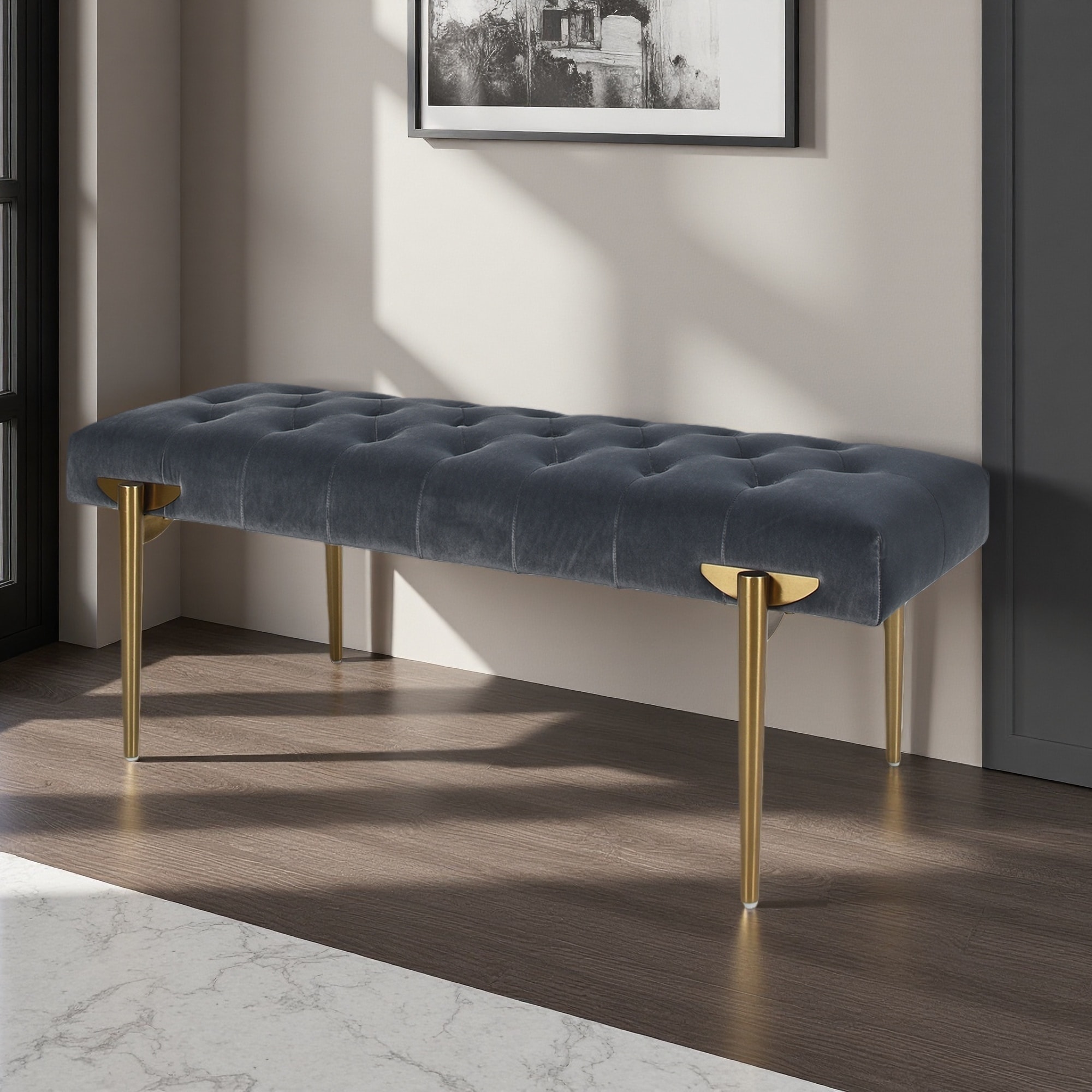 49"L Upholstered Velvet Bench with Hand-Tufted Seat and Satin Gold Legs
