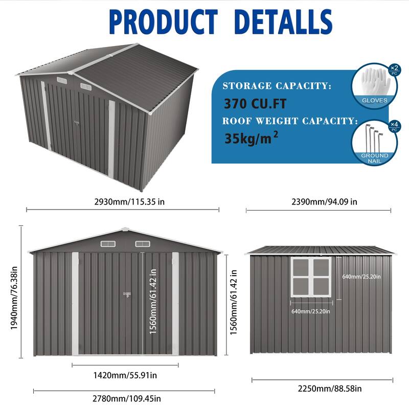 10 x 8 FT Outdoor Storage Shed, Large Metal Storage Shed, Lockable Door and Air Vent, Clear Window Garden Tool Shed