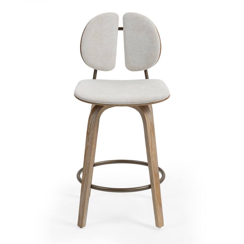 Set of 2 Betrys Beige Woven Fabric Swivel Counter Stool with Wood Legs