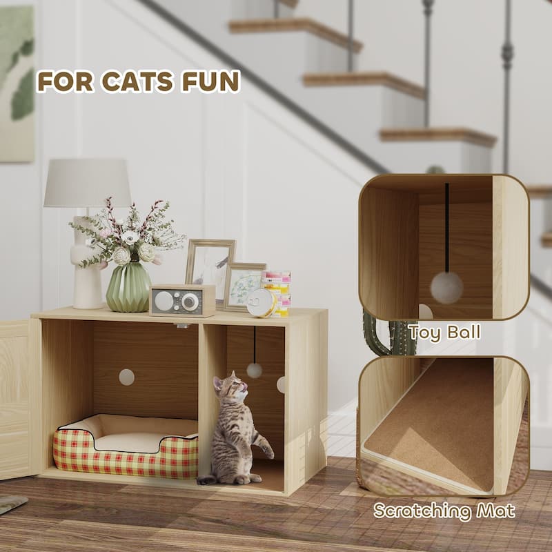 Modern Oak Cat Litter Box Furniture with Rattan Door and Storage Top Scratching Pad Included