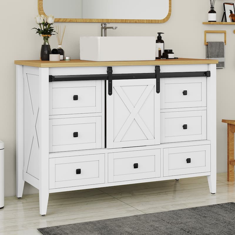 Moasis 48" Farmhouse Bathroom Vanity Cabinet with Ceramic Sink Basin and Sliding-Door Cabinet & 7 Drawers - White