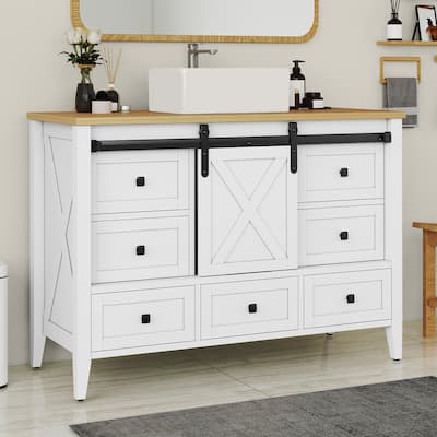 Moasis 48" Farmhouse Bathroom Vanity Cabinet with Ceramic Sink Basin and Sliding-Door Cabinet & 7 Drawers