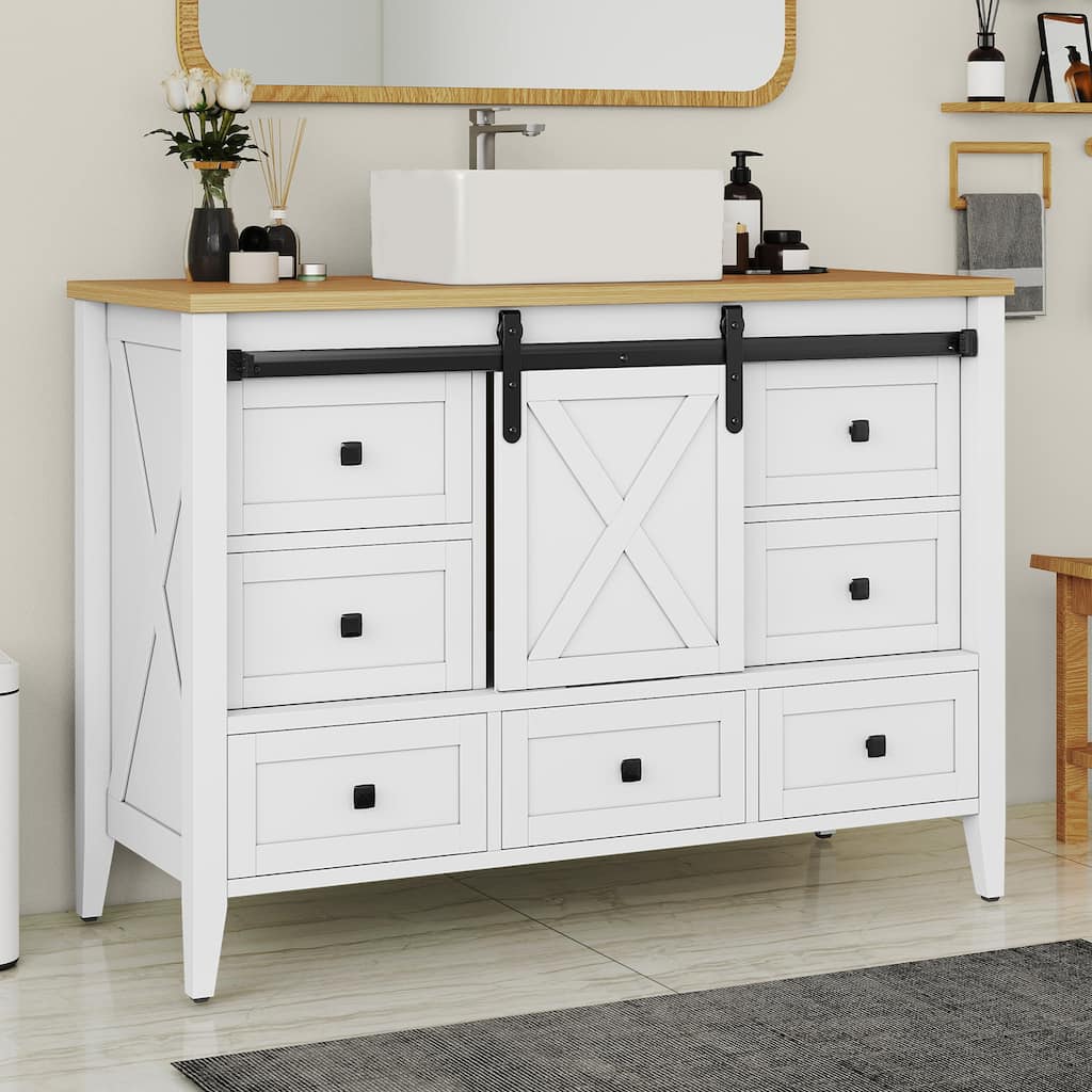 Moasis 48" Farmhouse Bathroom Vanity Cabinet with Ceramic Sink Basin and Sliding-Door Cabinet & 7 Drawers