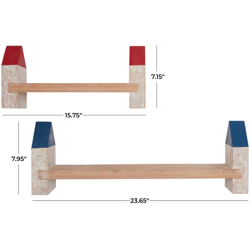 Multi Colored Wood Whitewashed Light House Wall Shelf with Red and Blue Accents (Set of 2) - 24", 16"W