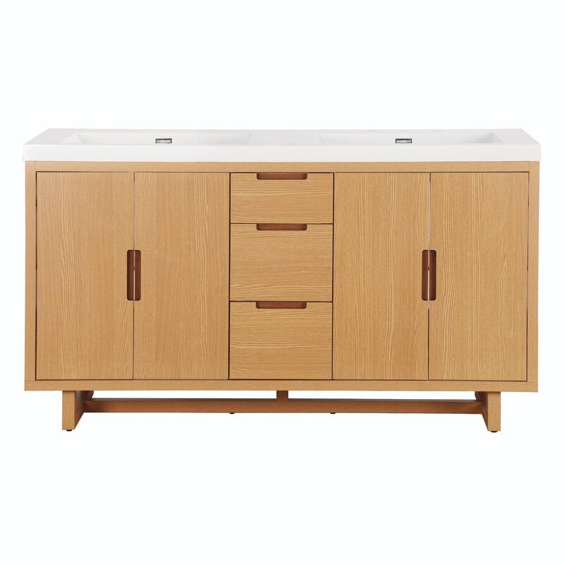 59.3" Modern Bathroom Vanity with Resin Sink, 4 Doors & 3 Drawers, Handle-Free Design, Soft-Close Hinges & Hidden Slides