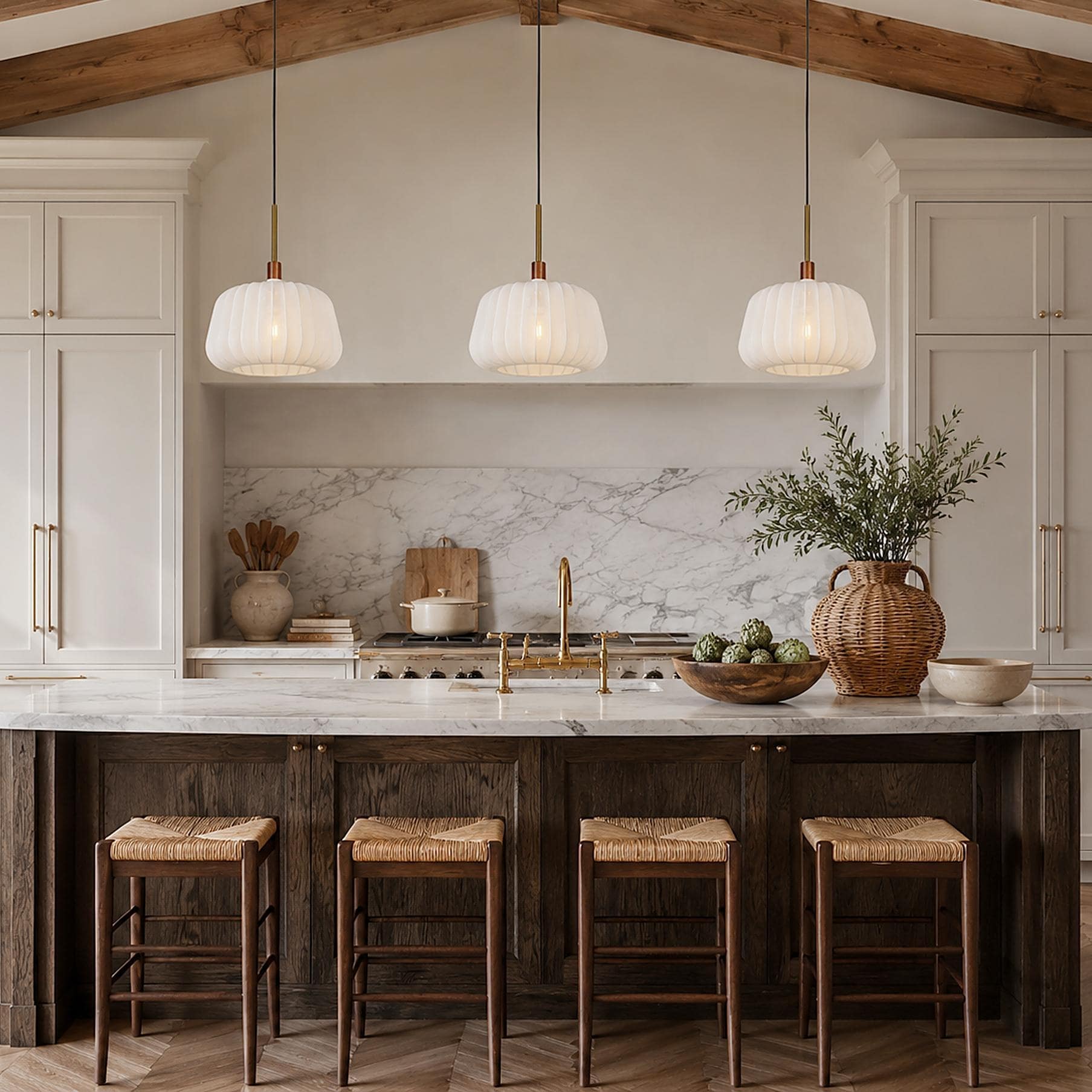 Modern Farmhouse 1-Light Ribbed Stretch Fabric Drum Pendant Light for Kitchen Island Bedroom Entryway - 15" D