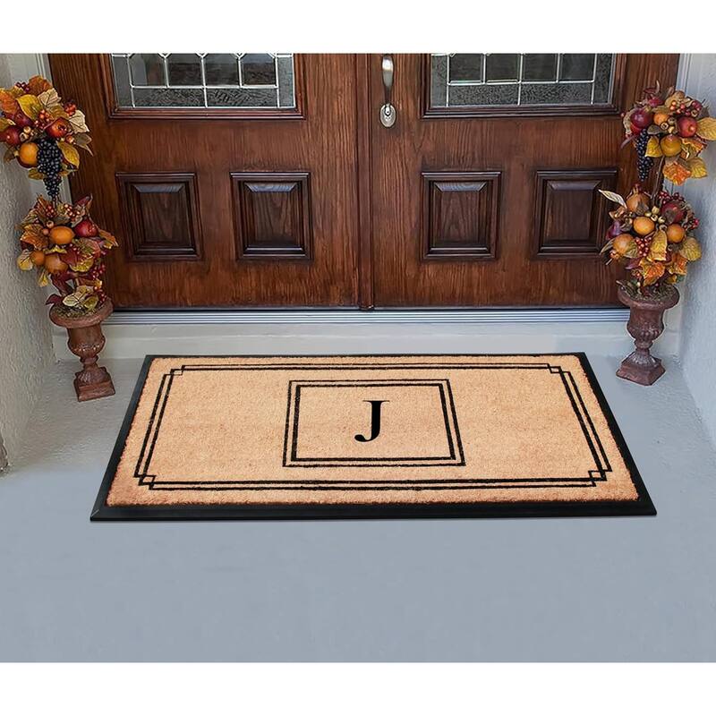 A1HC Natural Coir and Rubber Monogrammed Front Porch Entry Doormat 24"X48" Black/Beige