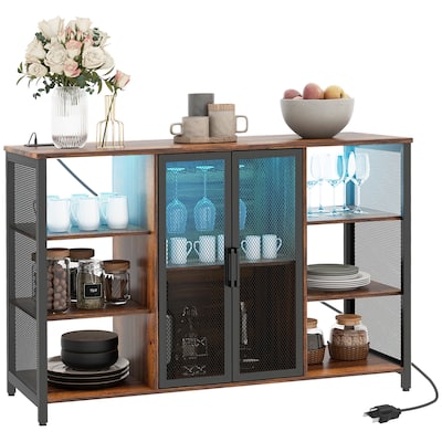 LED Wine Cabinet with Charging Station Glass Holders for Kitchen, Dining Room, Living Room, Rustic Brown