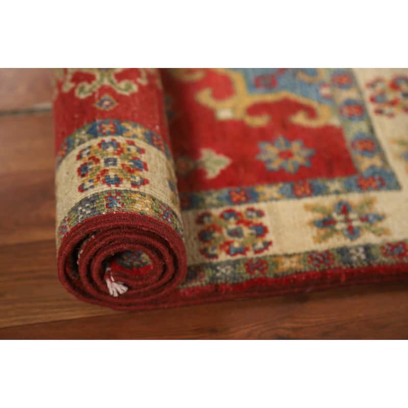 Geometric Red Kazak Oriental Foyer Rug Hand-Knotted Wool Carpet - 2'0" x 3'0"