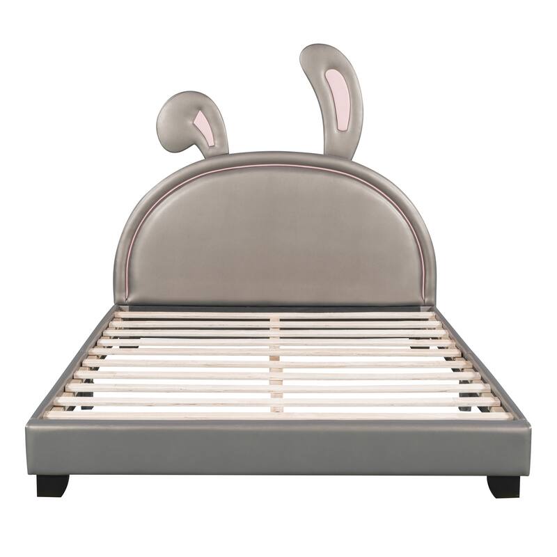 Full Size Upholstered PU Leather Platform Bed with Rabbit Decor, Gray