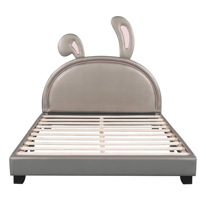 Upholstered Platform Bed with Rabbit Ornament - Gray