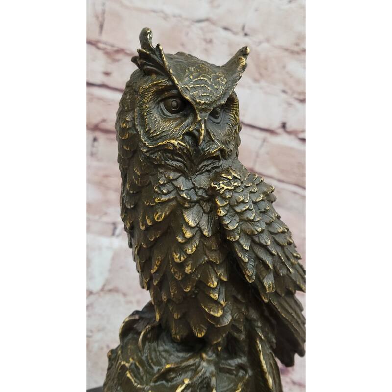 Realistic Owl Bronze Sculpture On Black Marble Base