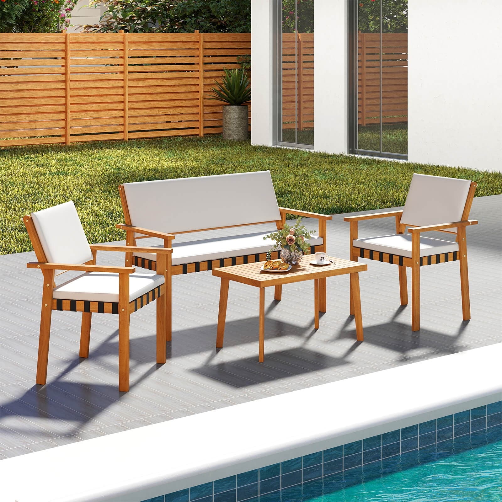 Costway 4 PCS Wood Furniture Set with Coffee Table Seat Back Cushions - See Details