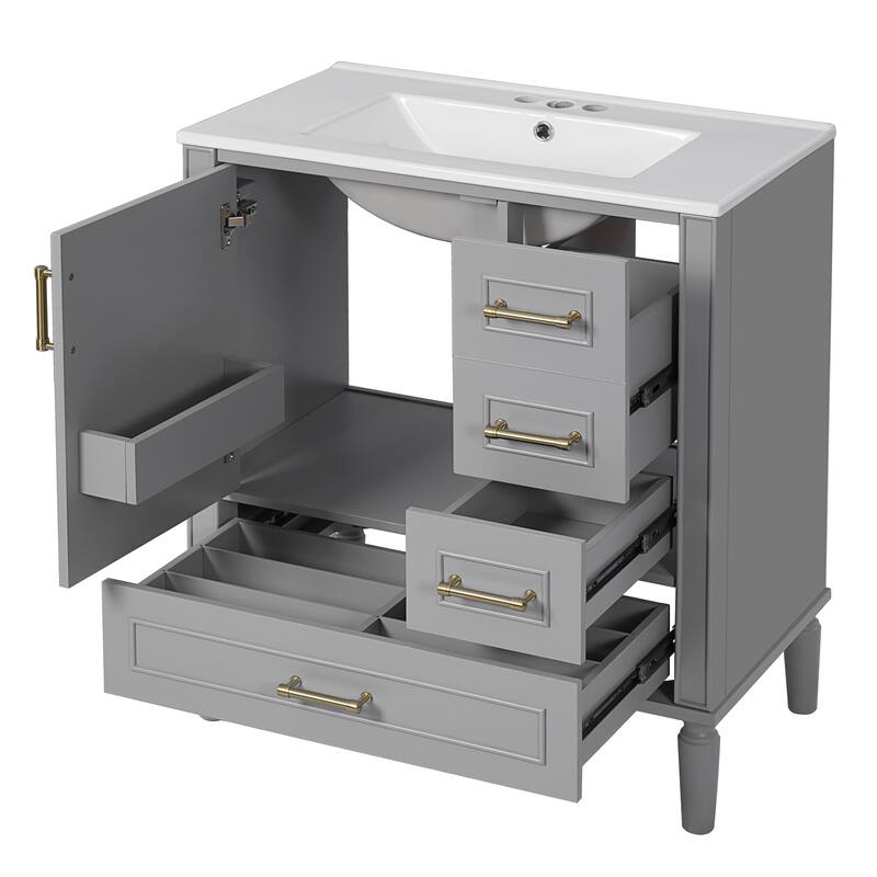 30" Bathroom Vanity with Ceramic Sink Storage Cabinet with Built-in Shelf and 3 Drawer