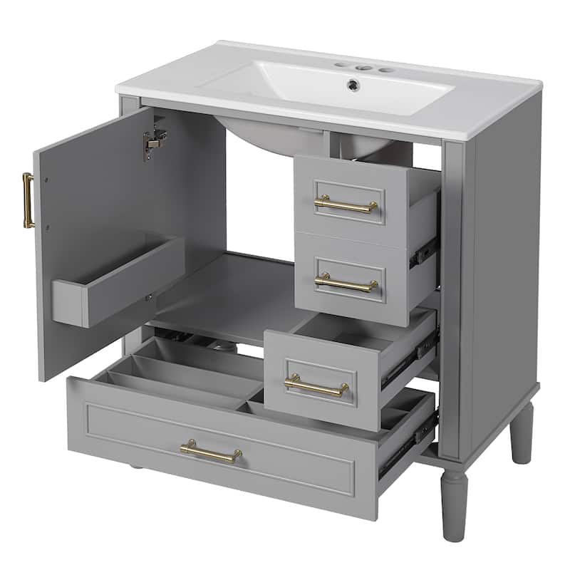 30"Bathroom Vanity with Ceramic Sink,Soft-Close Door with Built-in Shelf,Standard Drawer,Divider Drawer,Ample Storage Cabinet