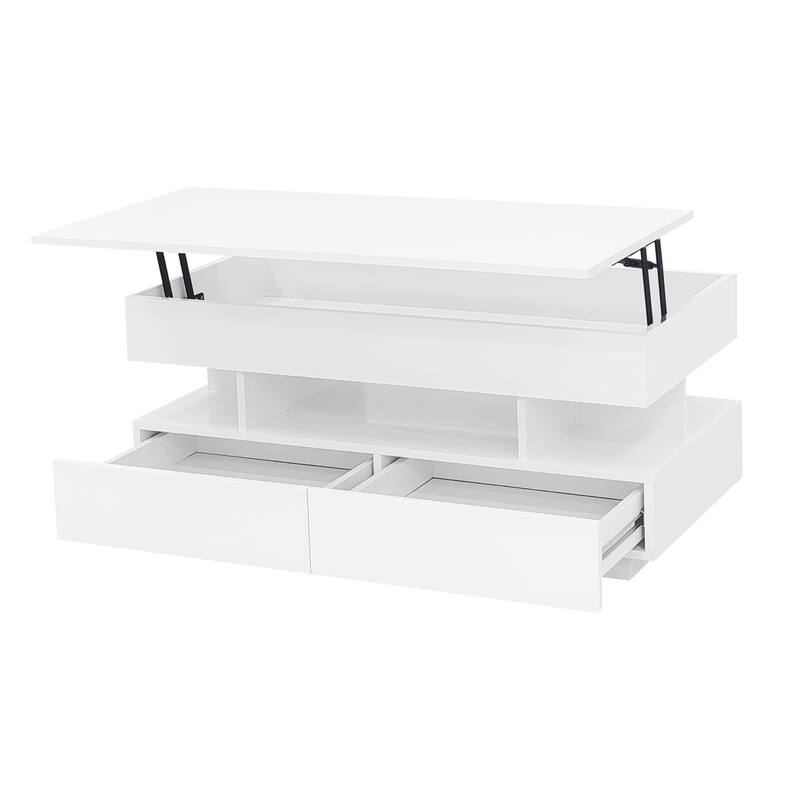 Lift-Top Coffee Table with 2 Drawers, Modern Center Table with Hidden Storage Compartment and LED Lights for Living Room