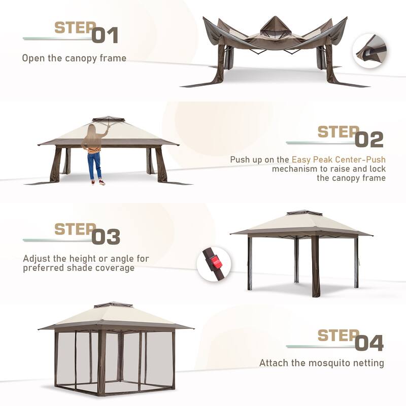 EAGLE PEAK 13x13 Pop Up Gazebo with Mosquito Netting, Easy Up Screened Canopy for Patio and Backyard, Easy Set-up Outdoor Gazebo
