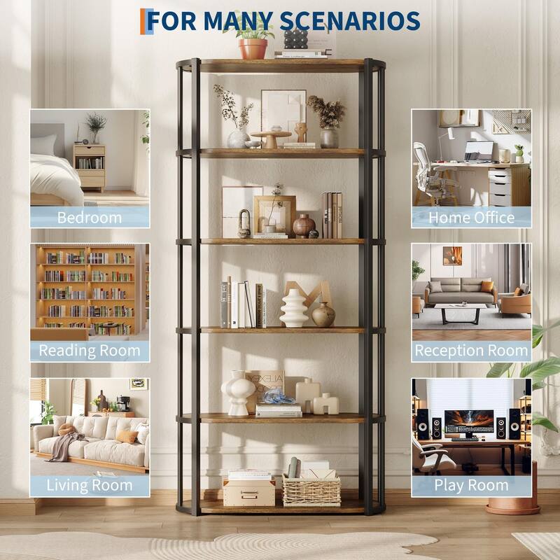 71 Inch Industrial Wooden Bookshelf - 6 Tier Tall Bookcase, Metal Frame Large Storage Shelf