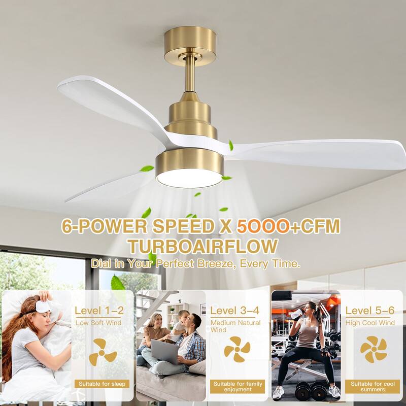 52"Solid Wood Ceiling Fan with Light Optional, 6-Speed Reversible DC Motor and Remote control,Smart Optional